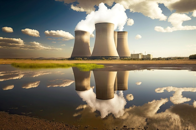 Photo large pond and three smoking pipes from nuclear reactor on shore