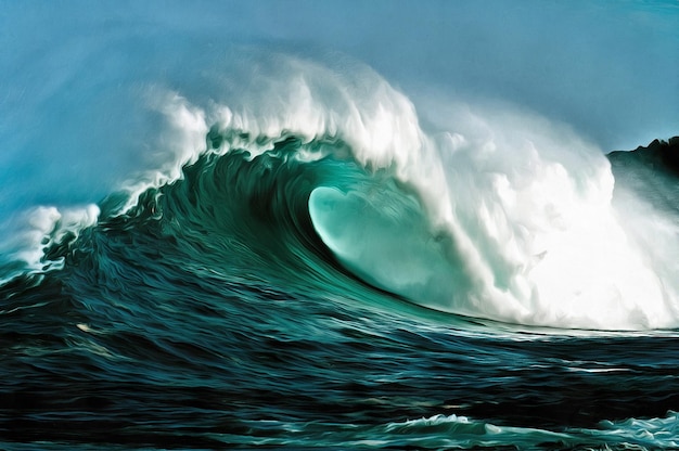 A large sea wave rolling onto the shore