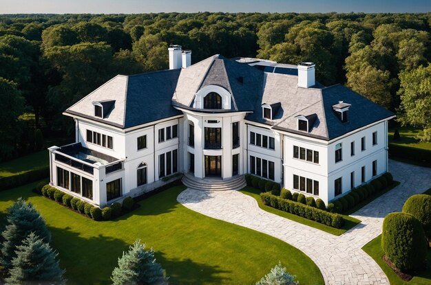 Photo a large white house with a large front porch and a large driveway