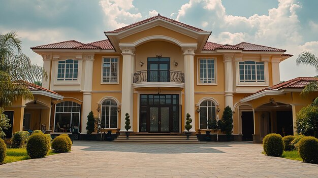 a large yellow house with a large front door