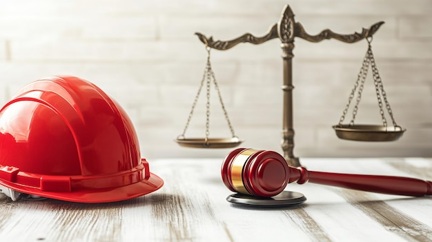 Photo law concept with gavel scales and red hard hat on white wood