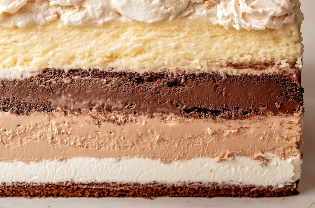 Photo layers of a slice chocolate cake on a plate