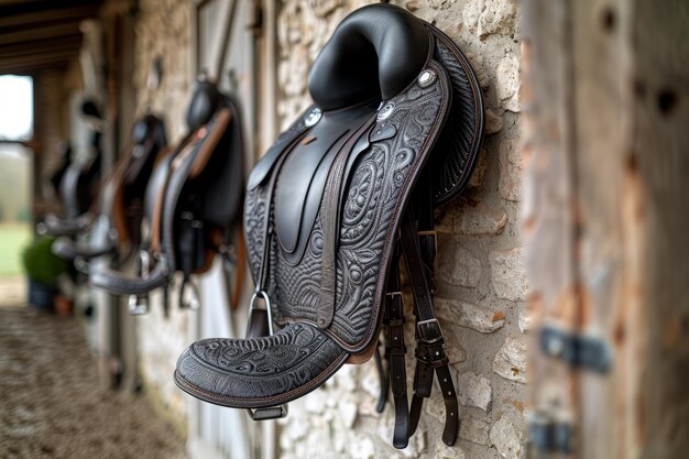 Photo leather saddles hanging on wall