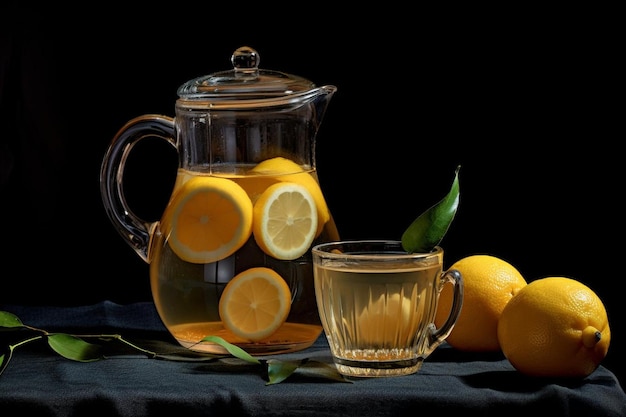 Lemon juice in glass teapot natural cool lemon juice lemon drink splash