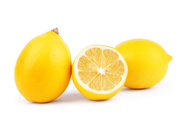 Lemons. Fresh ripe lemons isolated on white background. Lemon in a cut