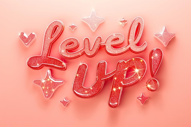 Photo level up with red glittering lettering on pink background