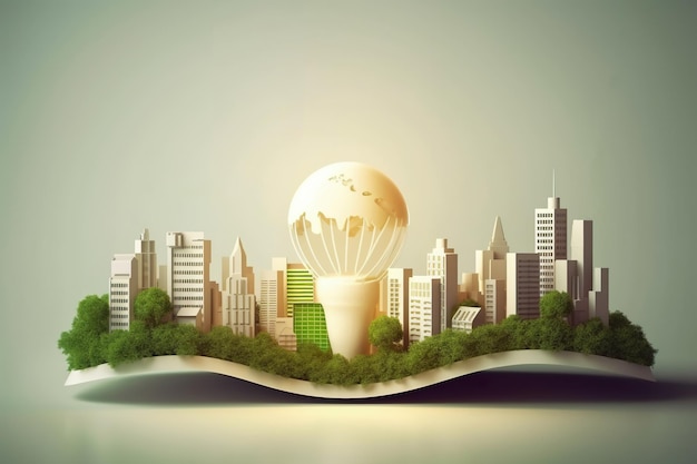 Light bulb shape with city and garden Renewable energy modern house with windmills and solar energy save the planet and energy concept Generate Ai