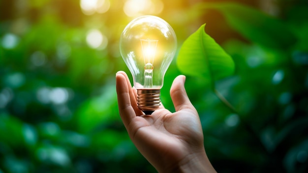 light bulb with green leaf