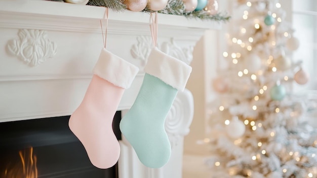 Photo lighthearted pastel stockings in pink and mint surrounded by soft white decor and twinkling lights creating a playful christmas atmosphere christmas stockings new year