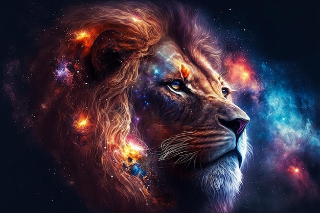 Lion galaxy nebulae face of Cosmic Lion. AI generated