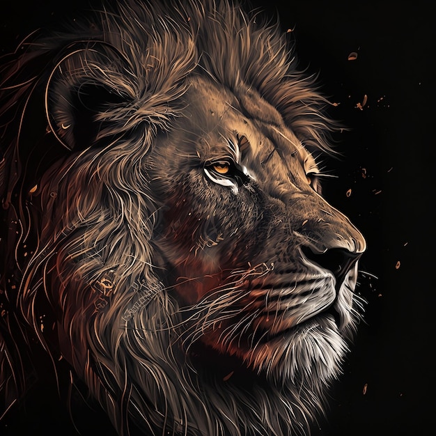 A lion's face is shown with a black background.