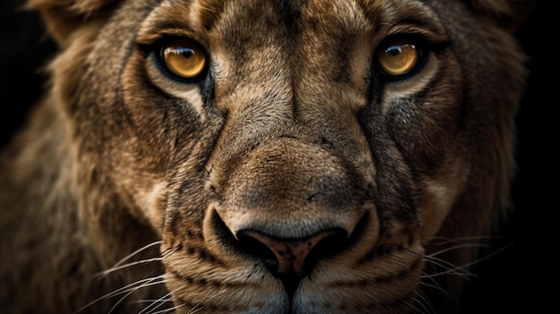 A lion's face with a black background