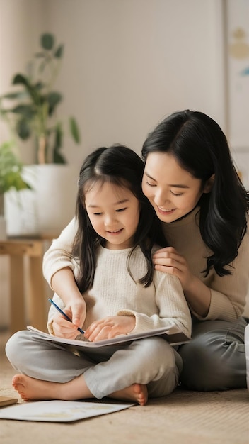 Photo little asian girl spending time at home with her mother