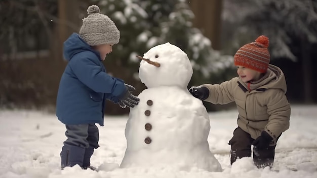 雪の日に公園で雪だるまを作る小さな男の子