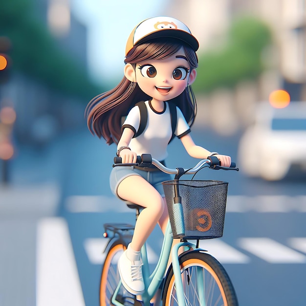 Little cartoon girl bicycle riding outdoors in city park