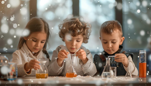 Little children conducting chemistry experiment in science classroom