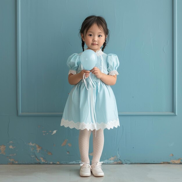 Photo a little girl in a blue dress holding a ball