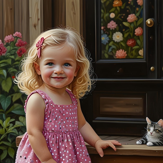 Photo a little girl is standing next to a cat and a picture of a cat