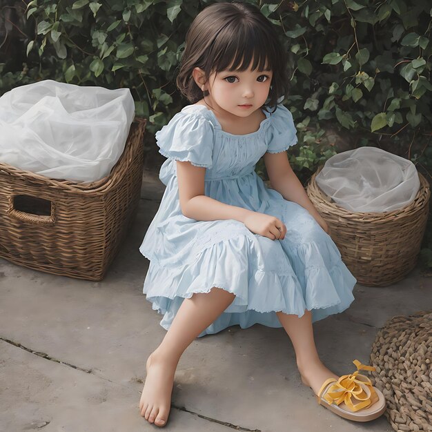 Photo a little girl sits on the ground with a basket of food