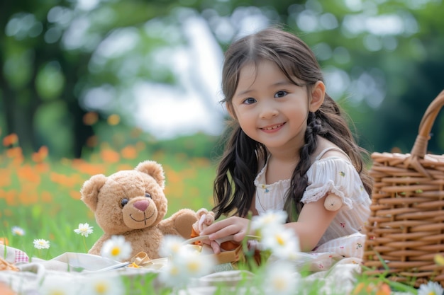 Photo a little girl smiles joyfully while picnicing in the grass