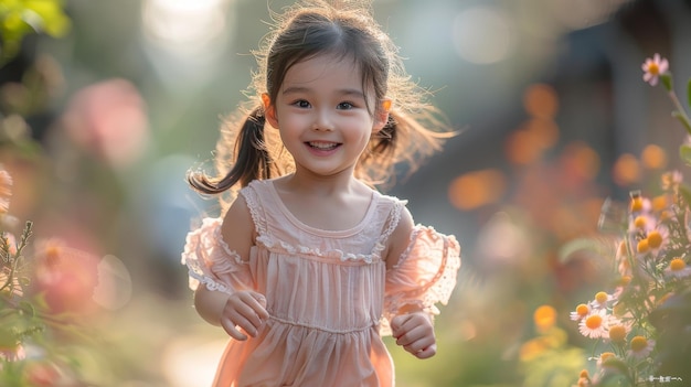 Photo little girl smiles while running through summer flowers