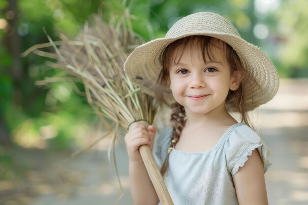 Photo little girl with hat holding broom in the garden