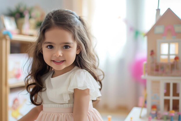 Photo little girl with long brown hair and a white dress smiling in a brightly lit room with toys in the b