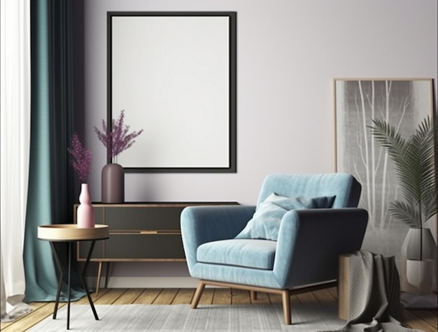 A living room with a blue chair and a table with a vase on it.