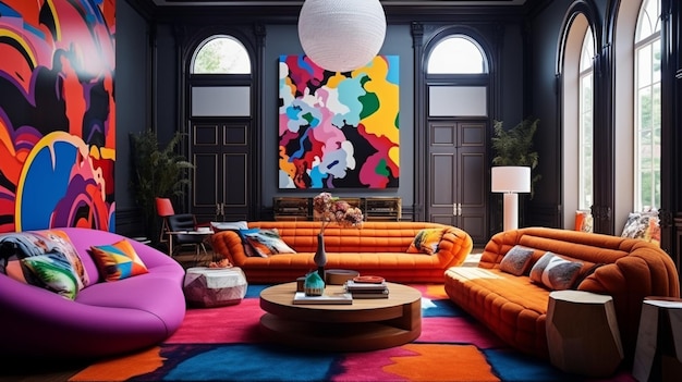 a living room with orange couches and a colorful painting