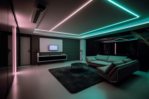 A living room with a tv and a couch with lights on the ceiling