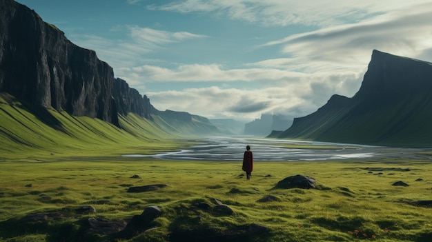 Lone Figure Standing in Expansive Valley with Towering Cliffs and Distant Mountains