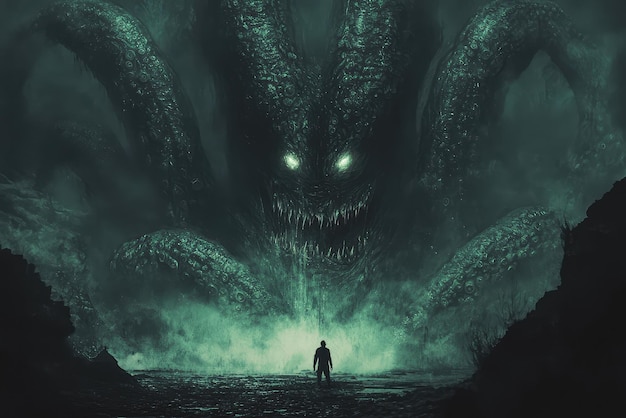 Photo a lone figure stands before a colossal tentacled monster with glowing eyes in a surreal foggy landscape embodying lovecraftian dread and horror