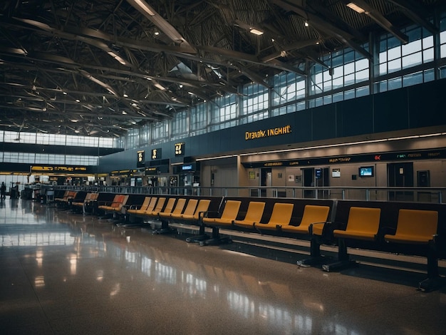 Foto una lunga fila di posti a sedere in un terminal con la parola pub sulla parete