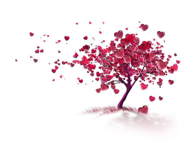 Love tree with flying hearts