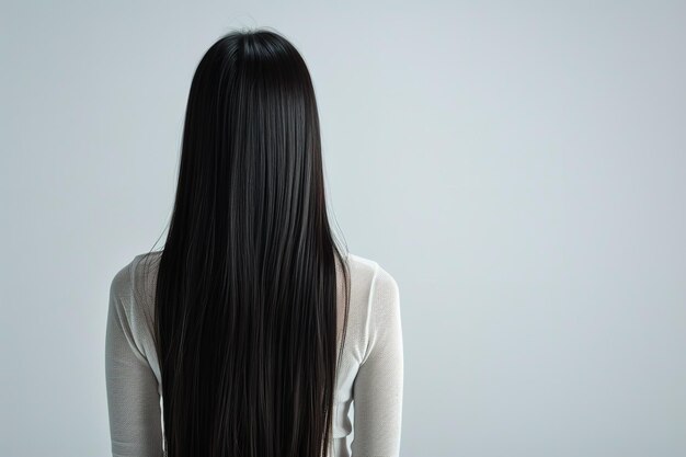 Lovely young girl with black silky hair seen from her rear end over a white backdrop and space Generative AI