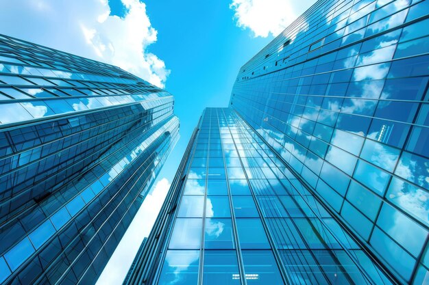 Photo low angle view of modern glass skyscrapers against blue sky