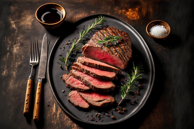 Lowfried flank steak cut into thin pieces on large round black plate