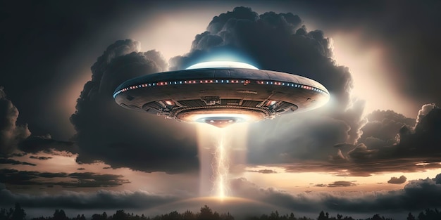 Lowing saucer shaped ufo hovering in the sky alien writing sky