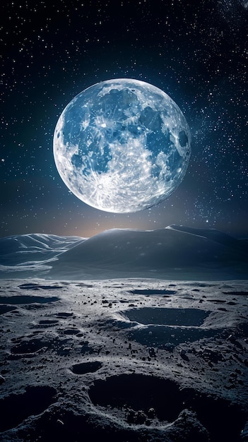 Photo lunar landscape with craters and rugged terrain under a softly glowing moon with copyspace