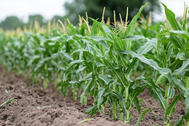 Photo lush green corn plants growing in a farm field