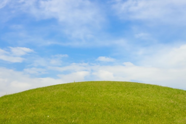 Photo lush green grassy hill against a blue sky with fluffy white clouds