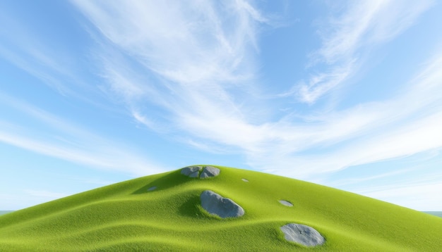 Lush green hill with scattered rocks under a blue sky