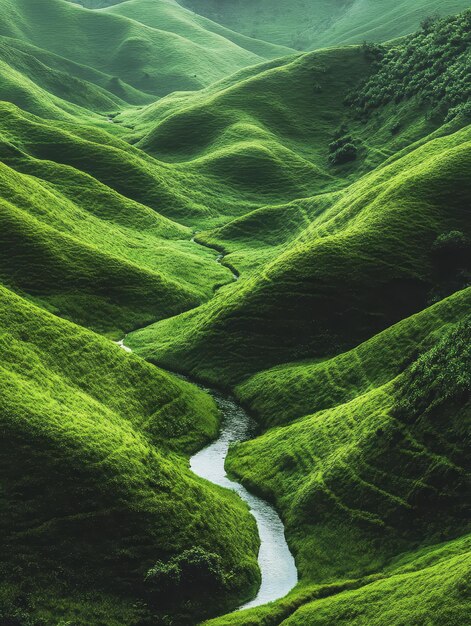 Photo lush green hills with a winding river cutting through