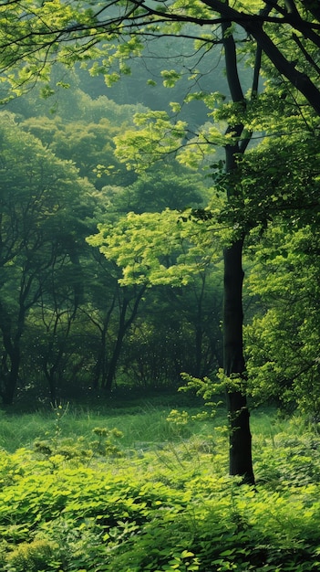 Photo lush greenery fills a forest clearing bathed in the soft glow of early morning sunlight
