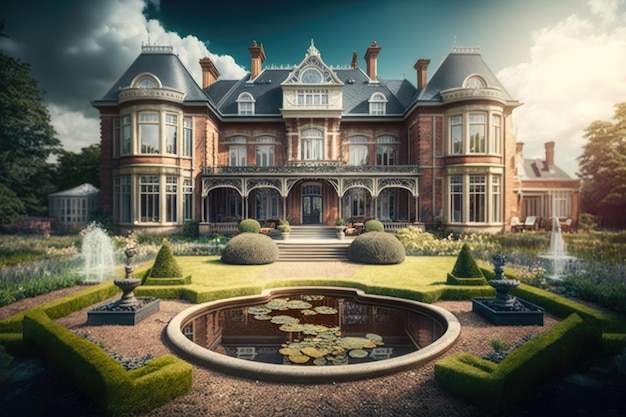 Luxurious mansion with garden and a lake Ai generative