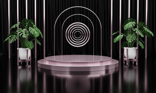 Luxury silver Marble circle, block, square podium green leaves in black curtain background