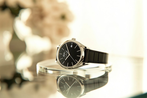 Photo luxury watch display on elegant glass platform with minimalist design