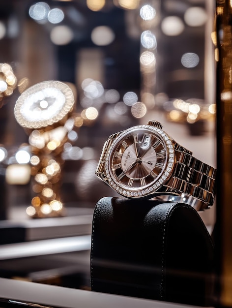 Photo luxury watch glistening under bright showroom lights