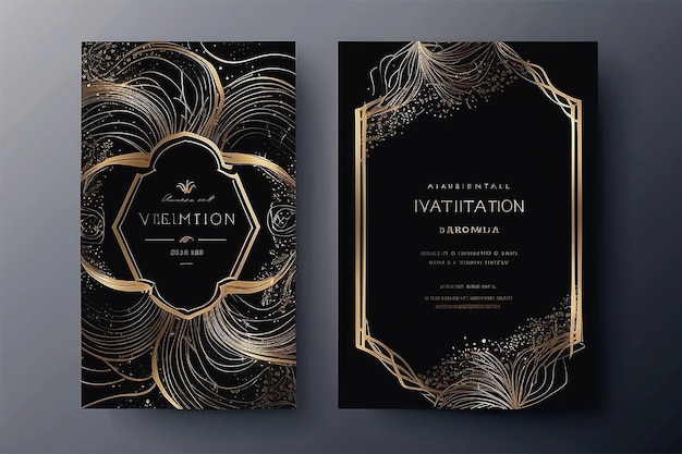 Photo luxury wedding invitation card background vector golden elegant geometric shape gold wavy lines on dark background