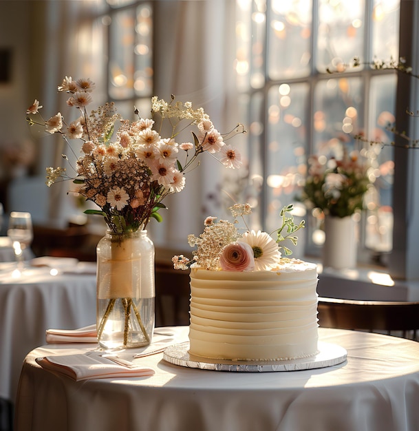 Photo luxury white floral wedding cake elegantly decorated flowers elegantly set table desserts flowers